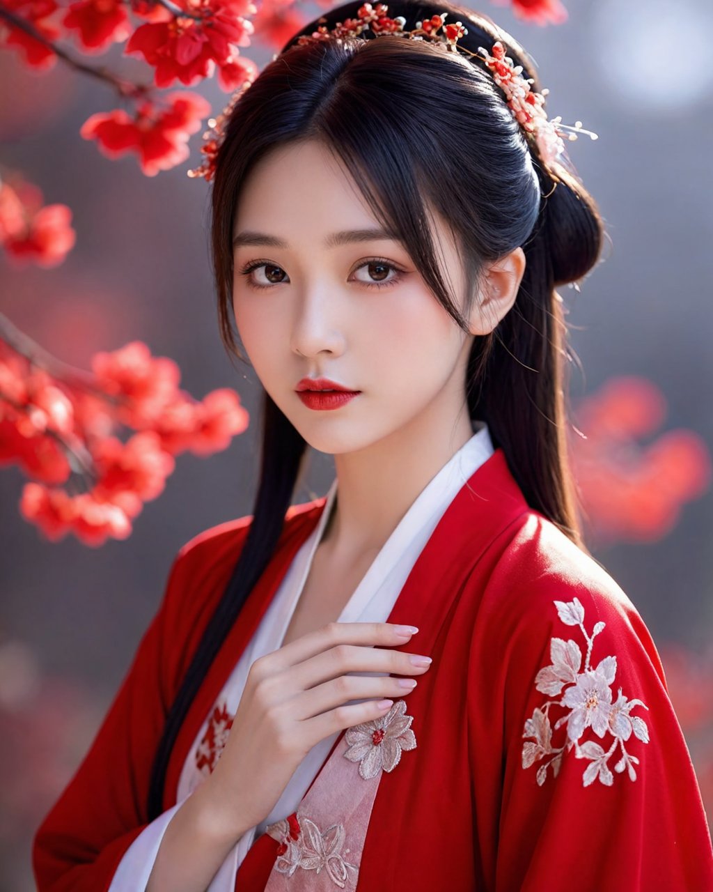 1 girl,close-up,solo,red hanfu,red temptation,coquettishness,enchantment,radiance,surreal imagery,dreamy atmosphere,contrasting colors,complex and detailed elements,petal,