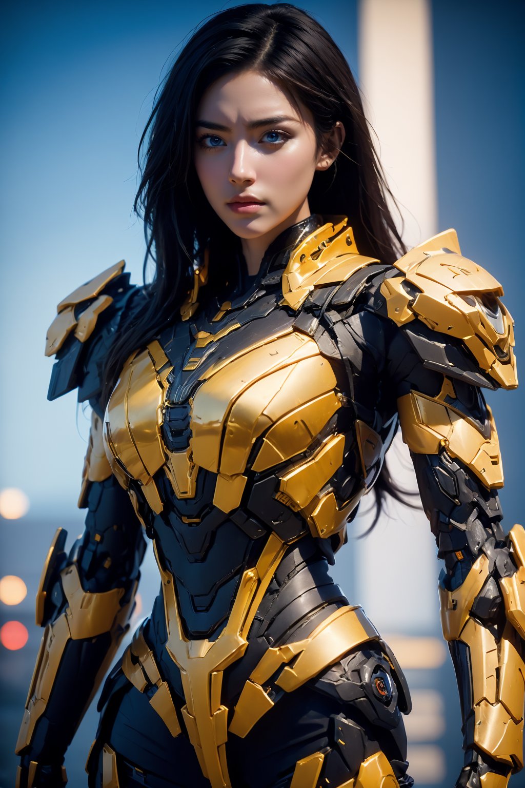 <lora:AgainRealistic_v2.0:1>,AgainRealistic_v2.0, 1girl, red long hair, solo, blue eyes, looking at viewer, upper body, blue armor, highly reflective armor, realistic, science fiction, power armor, bodysuit, cyborg, black hair, cyberpunk, 