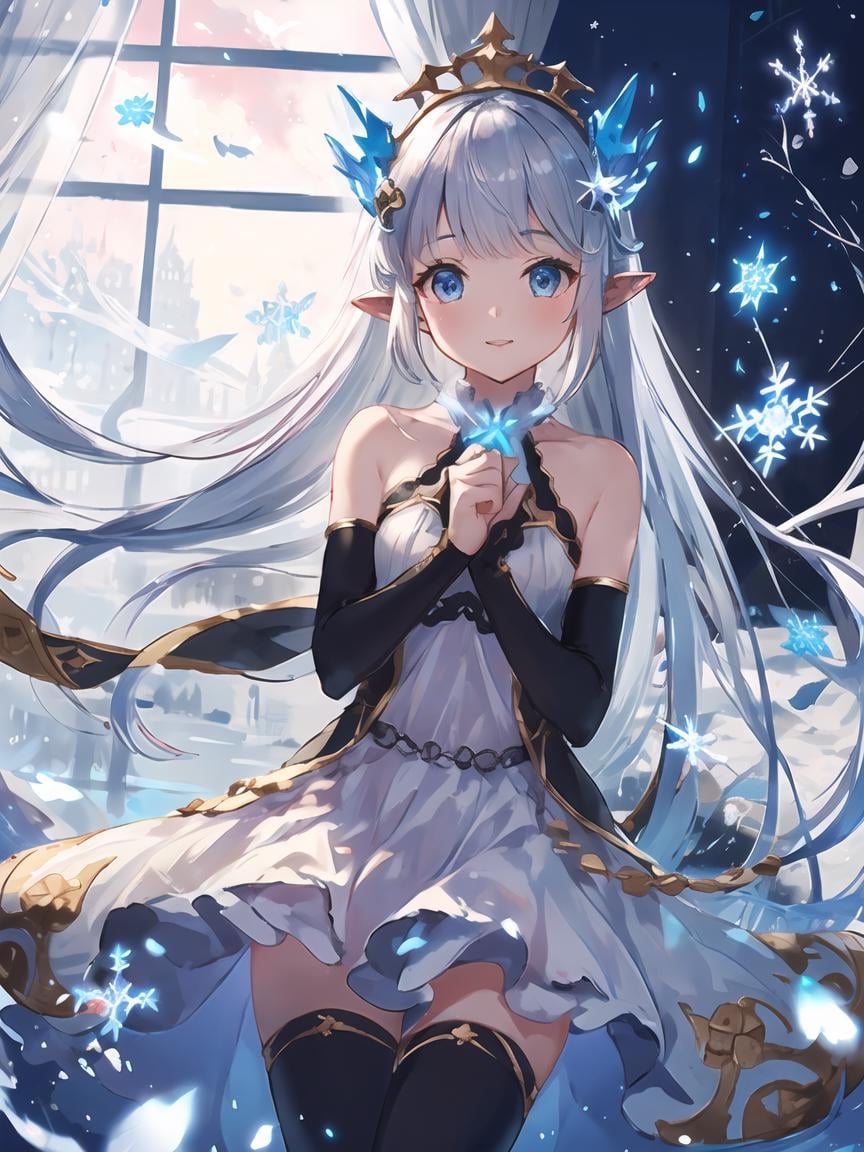 masterpiece,best quality,highres,cinematic lighting,dramatic angle,1girl,hime cut,blue eyes,pointy ears,hair ornament,white dress,bare shoulders,elbow fingerless gloves,cross-laced black legwear,<lora:CygamesLilyV1-000018:0.8:lbw=1,1,0.1,1,1,0.1,0.1,1,1,1,1,1,1,1,1,1,1>,snowflakes,happy,looking at viewer,