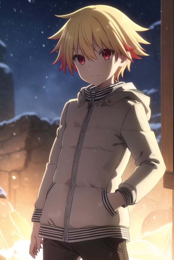 gilgamesh, <lora:kogilgamesh s2s3-lora-nochekaiser:1>,kogilgamesh, blonde hair, (red eyes:1.3), male focus, male child, child, smile,BREAK jacket, shoes, pants, hood, hoodie, sneakers, brown pants, letterman jacket,BREAK outdoors, snow,BREAK looking at viewer, (cowboy shot:1.5), dynamic pose,BREAK <lyco:GoodHands-beta2:1>, (masterpiece:1.2), best quality, high resolution, unity 8k wallpaper, (illustration:0.8), (beautiful detailed eyes:1.6), extremely detailed face, perfect lighting, extremely detailed CG, (perfect hands, perfect anatomy),