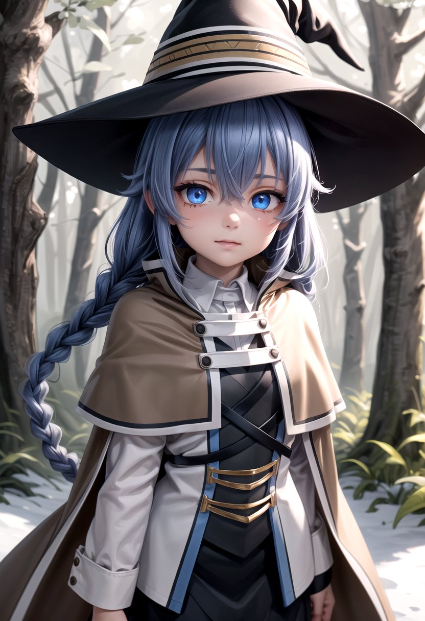 1 girl,cute,(looking at viewer:1.0), adorabel girl,cute face,details sky,handsome,multiple details,eyeshadow,sfw, (medium shot:1.5), lora:add_detail:0.8>, <lora:more_details:0.4>, forest, (night:1.2), frosted trees, <lora:roxy:0.8> 1girl,witch hat,blue hair,very long hair,twin braid,hair ribbon,blue eyes,brown cape,long sleeves, black skirt(masterpiece:1.2), best quality, high resolution, unity 8k wallpaper, (illustration:0.8), (beautiful detailed eyes:1.6), extremely detailed face, perfect lighting, extremely detailed CG, (perfect anatomy), 