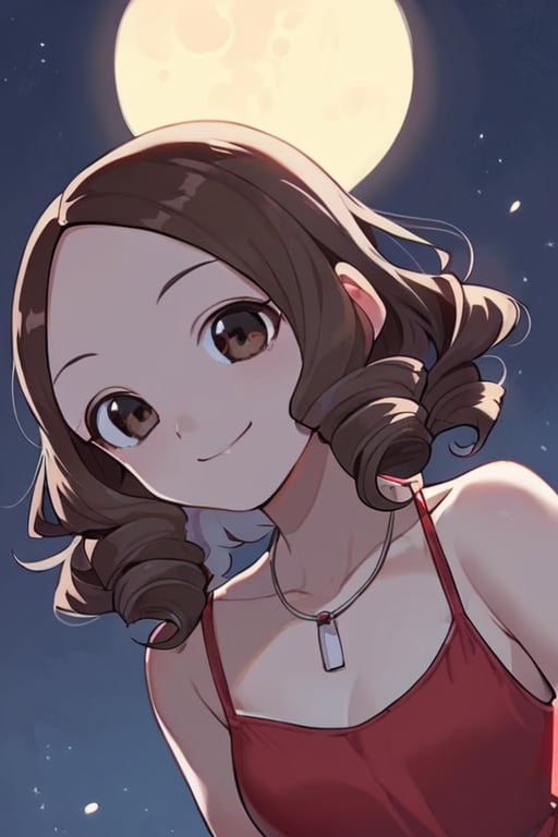 score_9, score_8_up, score_7_up, score_6_up, score_5_up, score_4_up <lora:motoTakagi:0.7> motoTakagi, takagi-san, brown eyes, 1girl, curly hair,  solo, red dress, sleeveless,  necklace, smile, night, looking at viewer, 