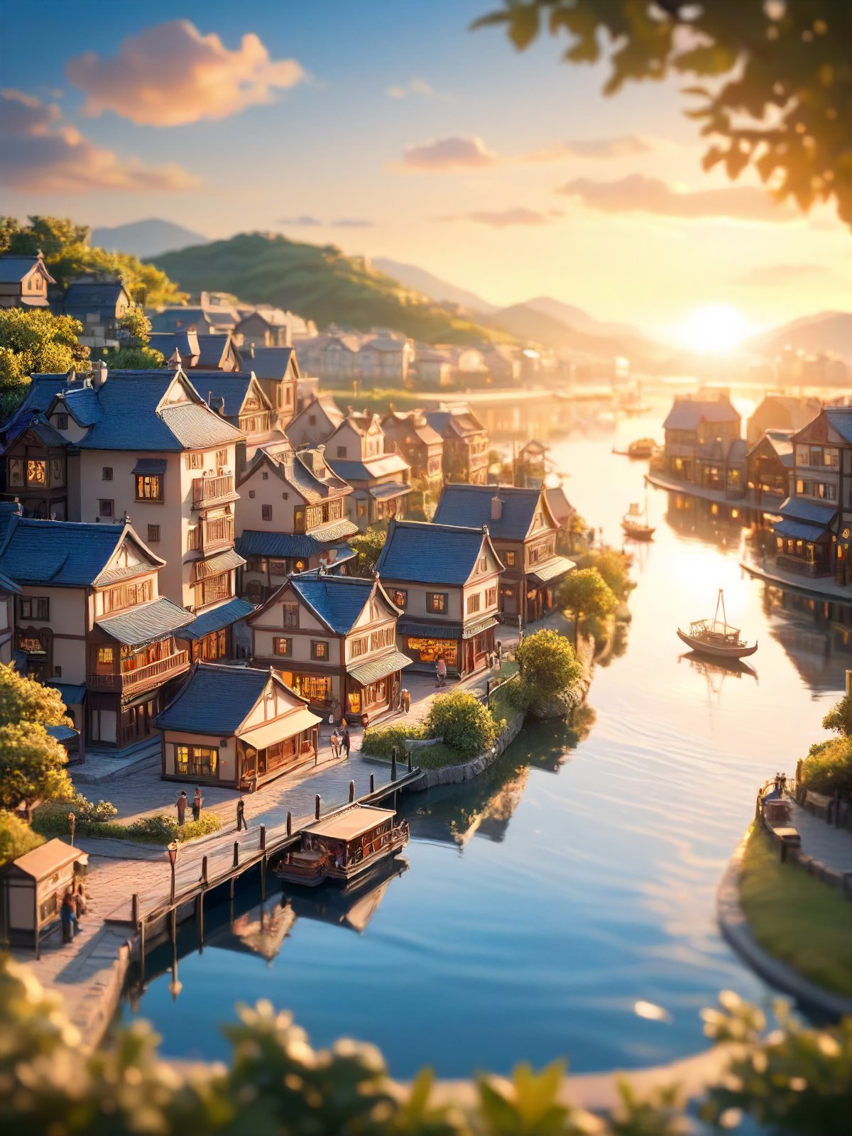 Masterpiece, craftsmanship, three-dimensional, cute, doll-like, miniature world, fantastic, diorama, the morning sun rises over the waterside city, creating a beautiful reflection on the water. the illustration should focus on the beauty of the landscape and the peaceful atmosphere.