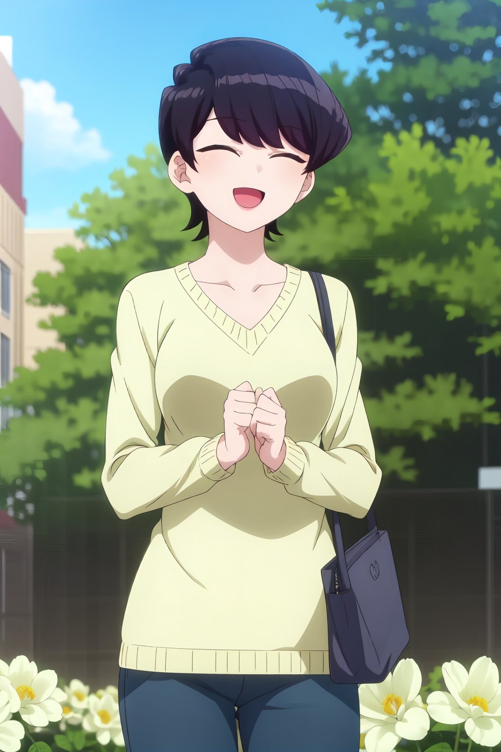 Shuuko Komi, Shouko Komi, (8k, high definition), 1girl, solo, smile, short hair, open mouth, black hair, long sleeves, collarbone, closed eyes, flower, :d, outdoors, bag, sweater, mature female, handbag, yellow flower<lora:EMS-462567-EMS:0.800000>