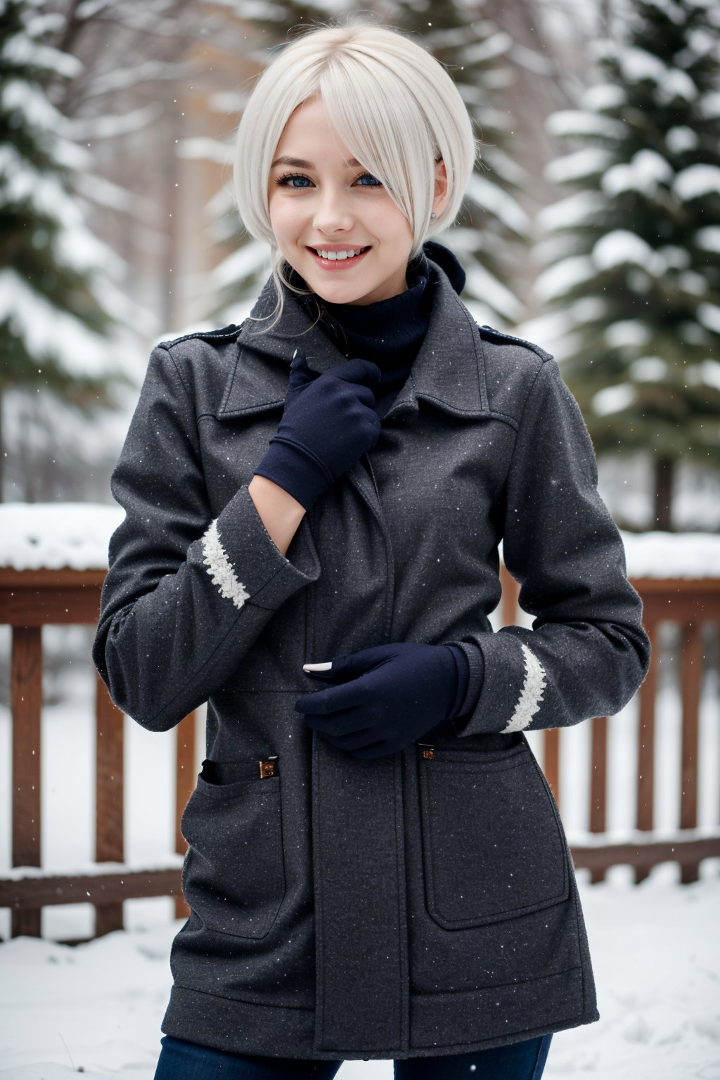 ((ultra detailed, masterpiece, absurdres))<lora:KOFAngel:0.9>KOFAngel, 1girl, white hair, blue eyes, in a winter wonderland, cowboy shot, winter clothing, smile