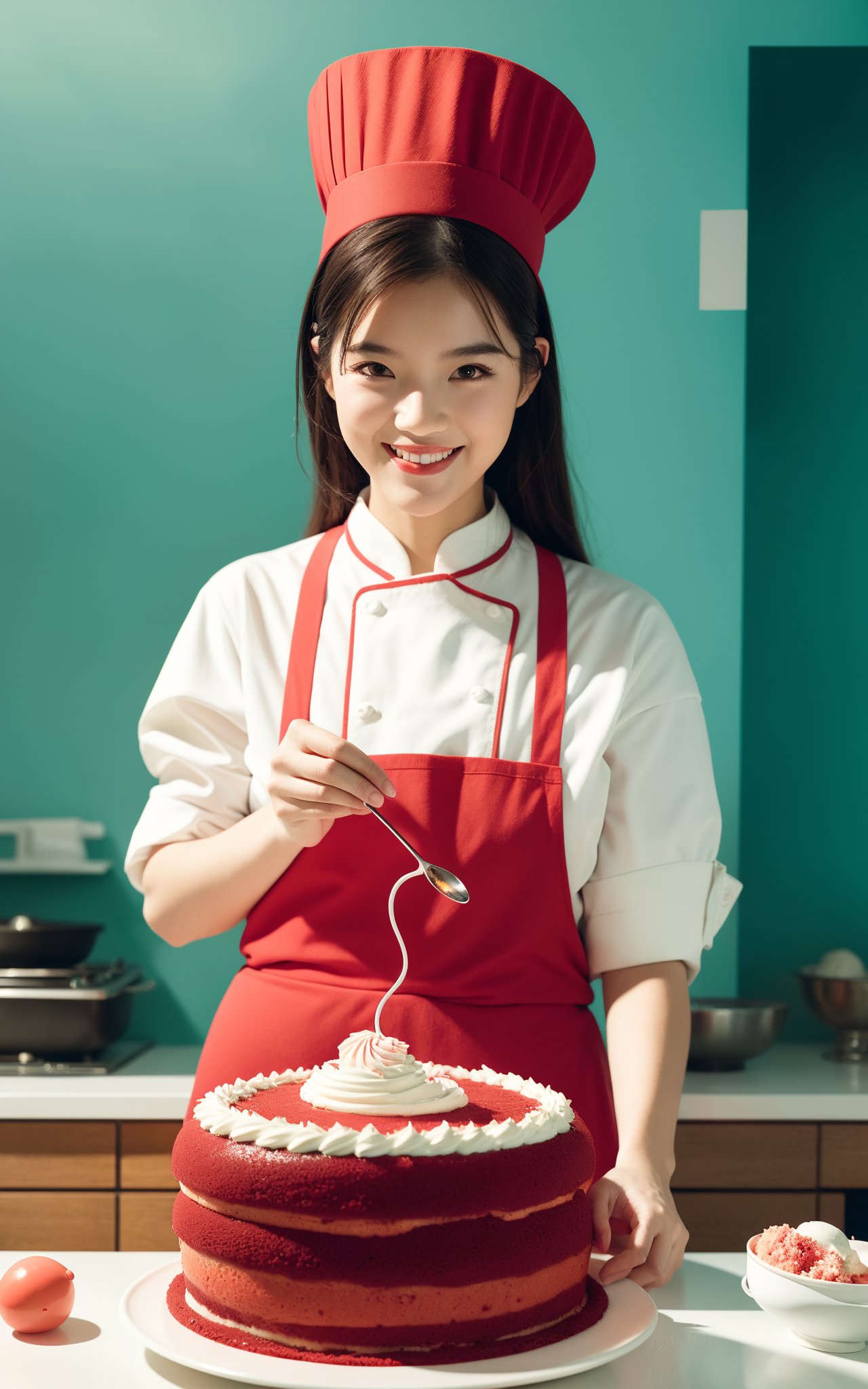 (masterpiece, top quality, best quality, official art, beautiful and aesthetic:1.2) ,cover art,illustration minimalism, Flamingo chef making red velvet cake, manga style, surreal, Smile