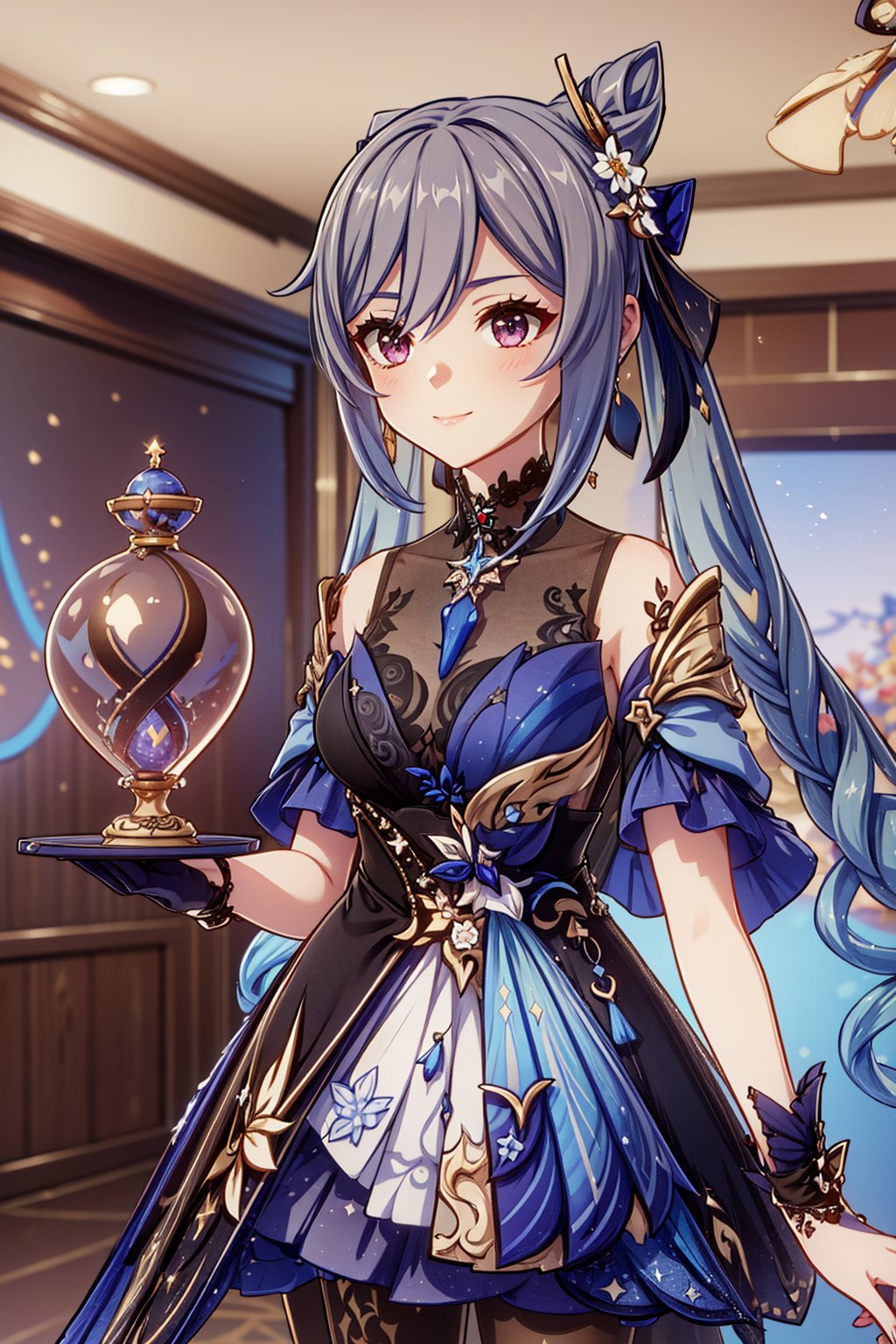 <lora:Genshin Impact_keqing:0.9>,Genshin Impact_keqing,1girl,hair between eyes,solo,cowboy shot,smile,Holding a sinister-looking hourglass, counting down time.,indoors,, 8k,best quality,masterpiece,rule of thirds,superb,high resolution,sharp focus,extremely detailed description,professional,gorgeous and intricate details,