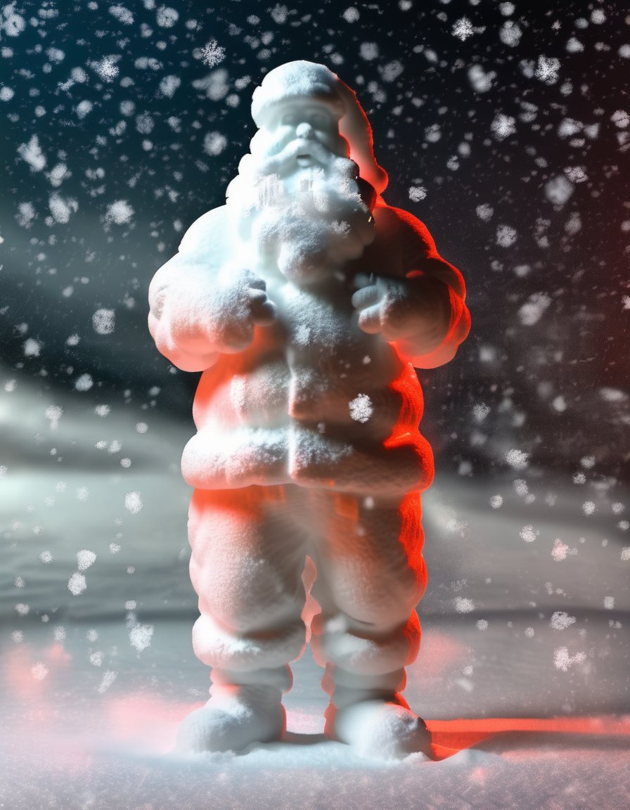 <lora:Aether_Snow_v1_SDXL_LoRA:1.0> full-body photo of santa made of snow, north pole, cinematic, slightly red