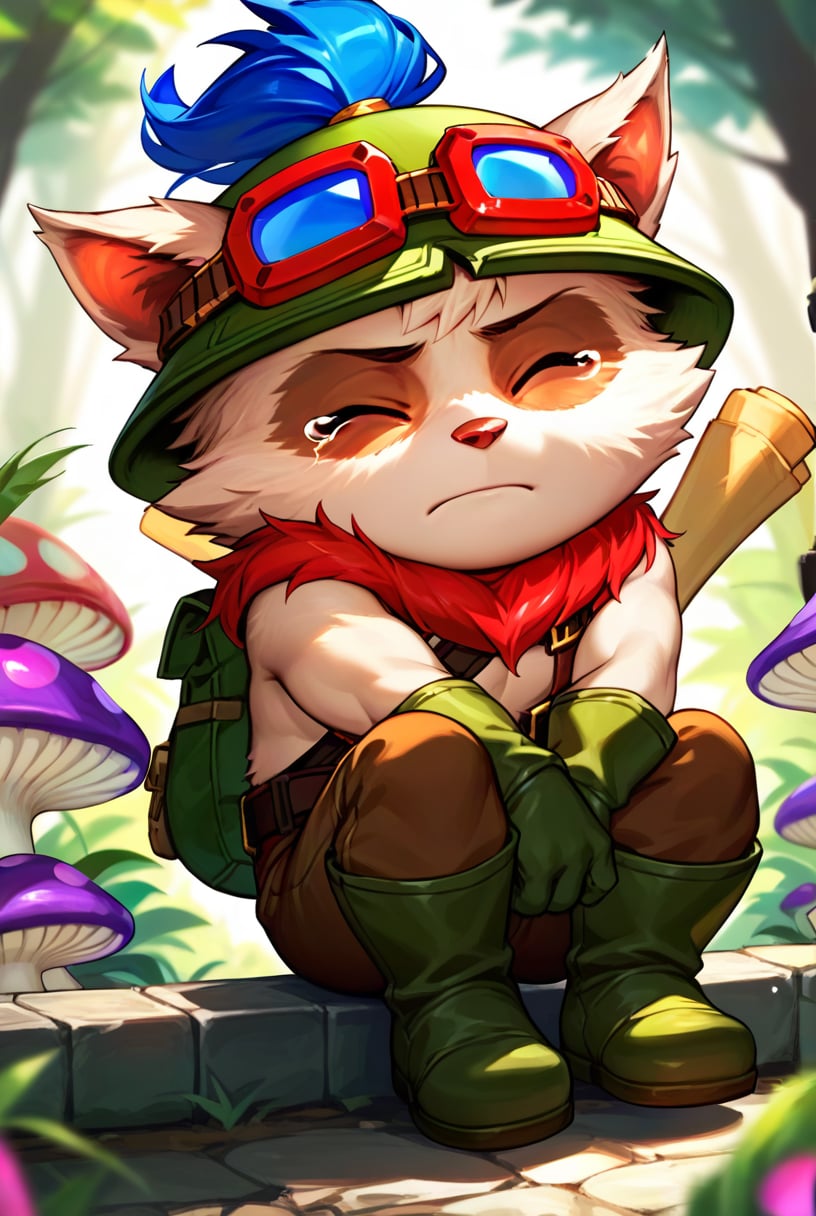 score_9, score_8_up, score_7_up, t33mo, score_9, source_anime, teemo, hat, closed eyes, 1boy, furry, yordle, male focus, goggles, goggles on headwear, brown pants, pants, belt, boots, gloves, green headwear, bag, sad, furry male, mushroom, <lora:Teemo_default_v1:0.75>, (hugging own legs), tears