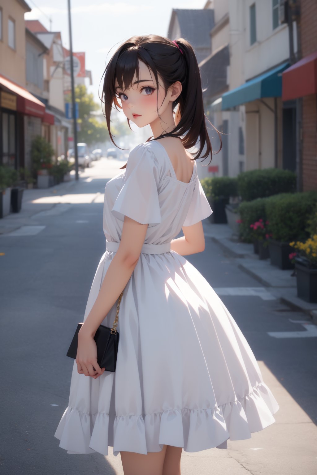 1girl, dress, looking at viewer, suburban scenery