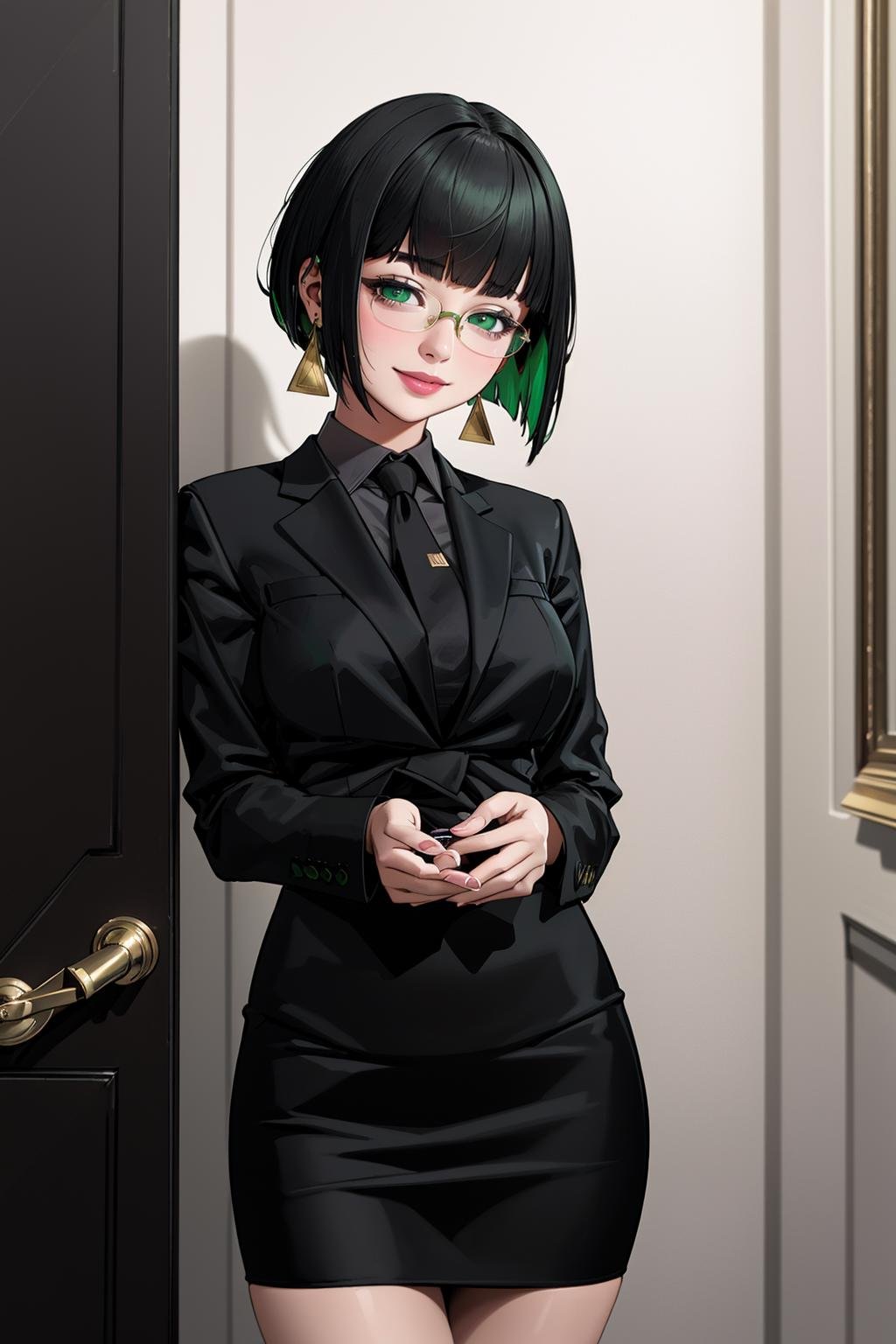 ((Masterpiece, best quality,edgQuality))smiling,solo,1girl,posing for a picture,edgAllmind,bob cut,blunt bangs,two tone hair,golden earrings,black suit,necktie, green eyes,pencil skirt,glasses<lora:edgArmoredCore6Allmind:0.8>