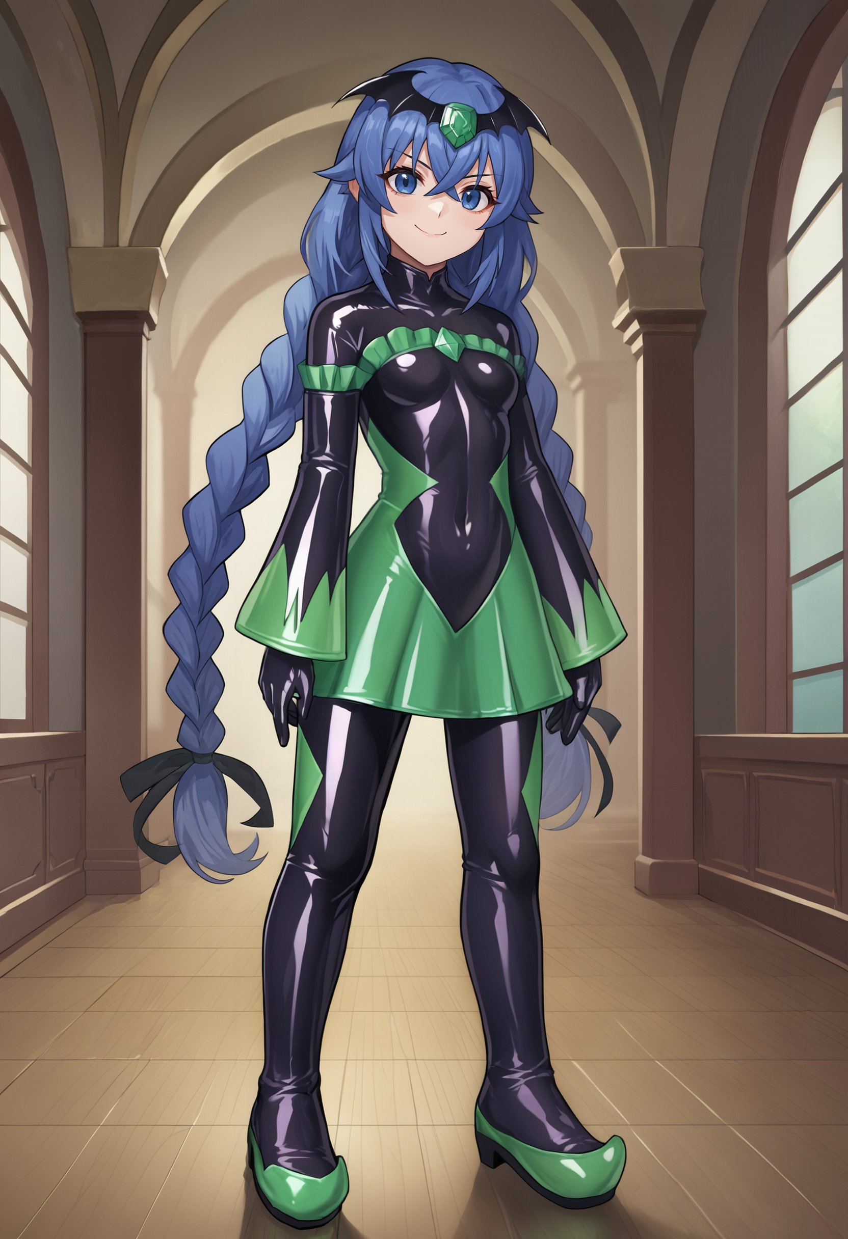 score_9, score_8_up, score_7_up, source_anime,1girl, roxy migurdia, twin braids,evil smile, closed mouth, evil,badend bodysuit, latex badend, green badend,standing, full body,indoors, <lora:mushokutensei_roxymigurdia_ponyXL:0.8> <lora:bad-end-ot4-006:1>