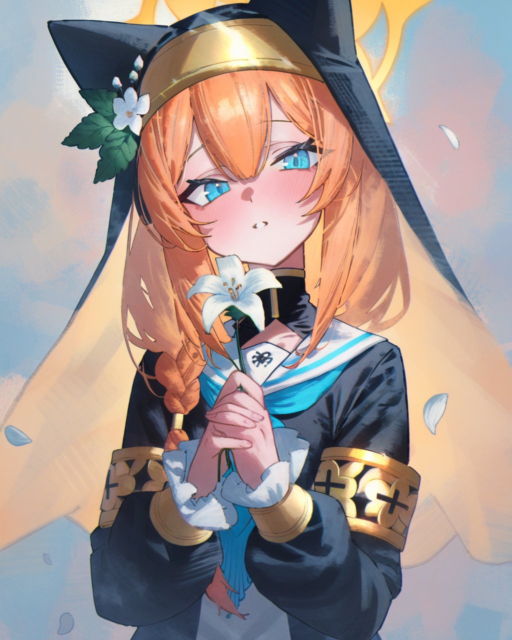 betabeet, 1girl, solo, flower, animal ear headwear, blue eyes, nun, mari (blue archive), long hair, holding, holding flower, orange hair, habit, white flower, looking at viewer, bangs, braid, long sleeves, upper body, parted lips, blush, hair between eyes, own hands together, halo, sailor collar, white sailor collar, hat, single braid, petals, frilled sleeves, puffy sleeves, blue neckerchief, neckerchief, hands up, frills, hat flower, puffy long sleeves