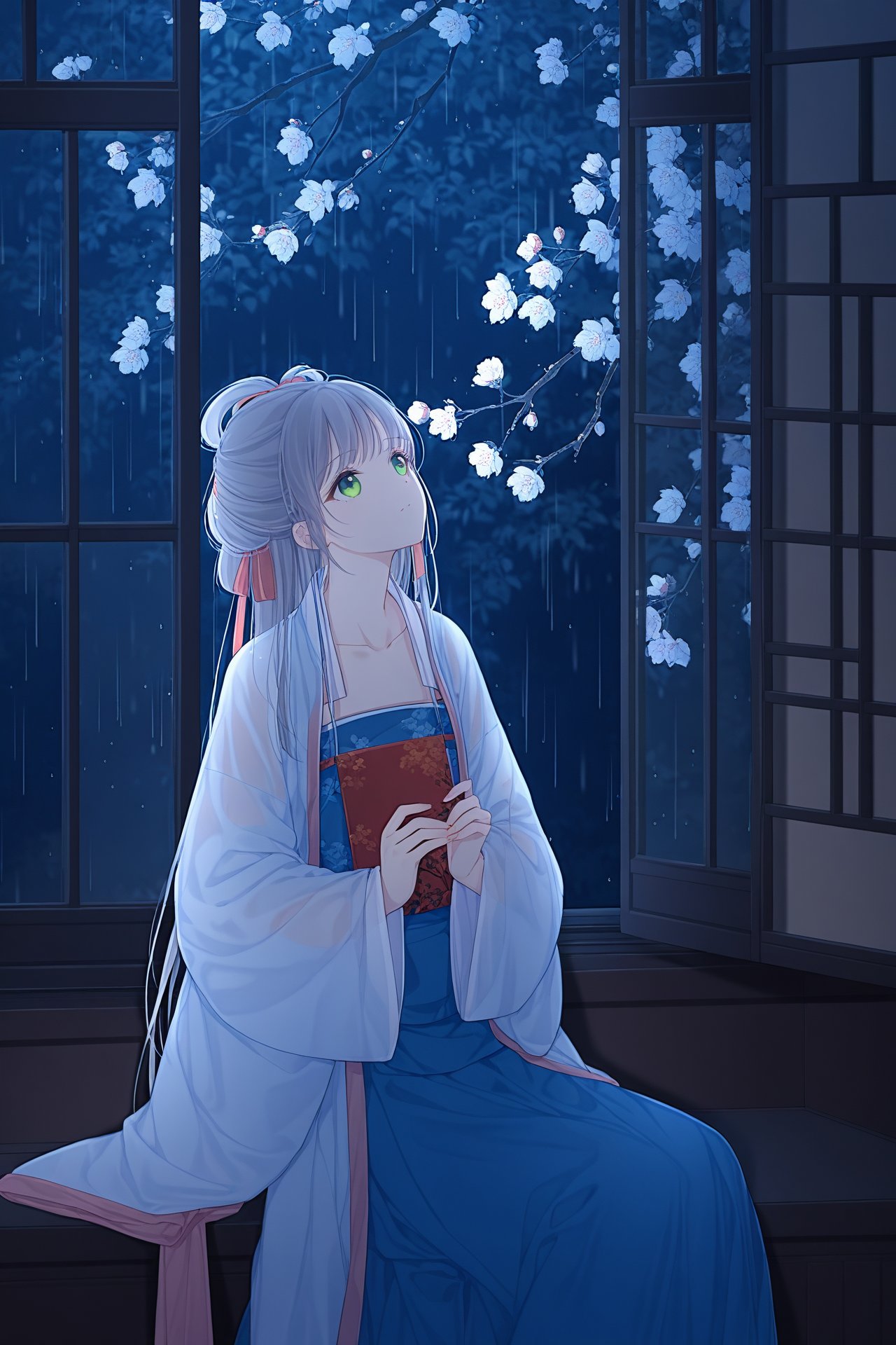 hanfu,1girl,solo,green eyes,chinese clothes,rain,flower,window,night,wide sleeves,ribbon,long sleeves,grey hair,long hair,hair ribbon,indoors,branch,collarbone,looking up,holding,sitting,closed mouth,<lora:hansxl-gufeng:1>,