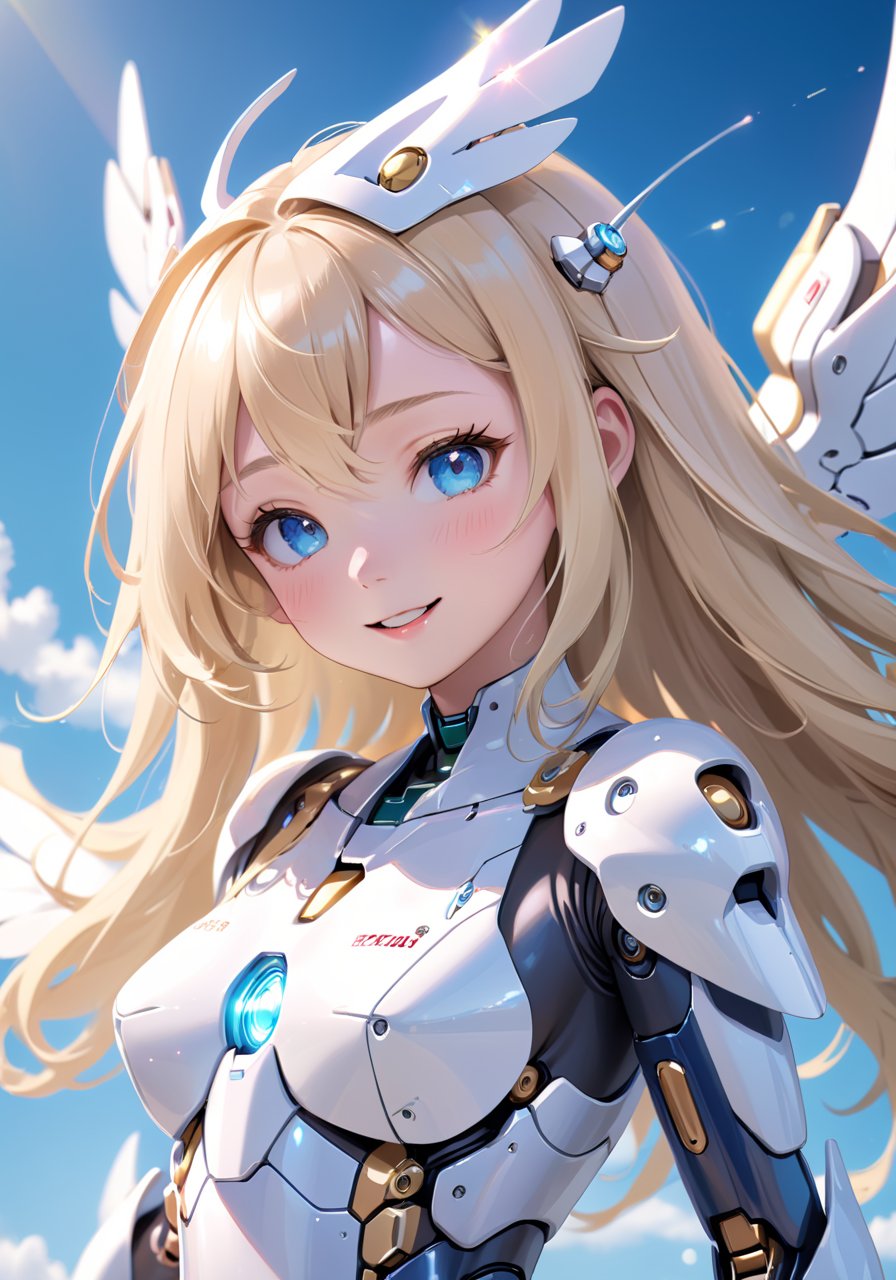 highres, best quality, highly detailed CG unity 8k wallpaper, depth of field, super fine illustration, illustration, CG, 3D, extremely detailed, mecha girl, white color, smile, open mouth, long hair, blonde, headgear ornament, blue eyes, cute face, kawaii, delicate hair, disheveled hair, floating hair, shiny hair, shiny skin, blue sky, white clouds, white wings,  (particles of light, cinematic lighting: 1.3), (light pink lips: 0.8), robot, gundam,  bodysuit, fortified suit, mechanical parts, robot joints,  full armor