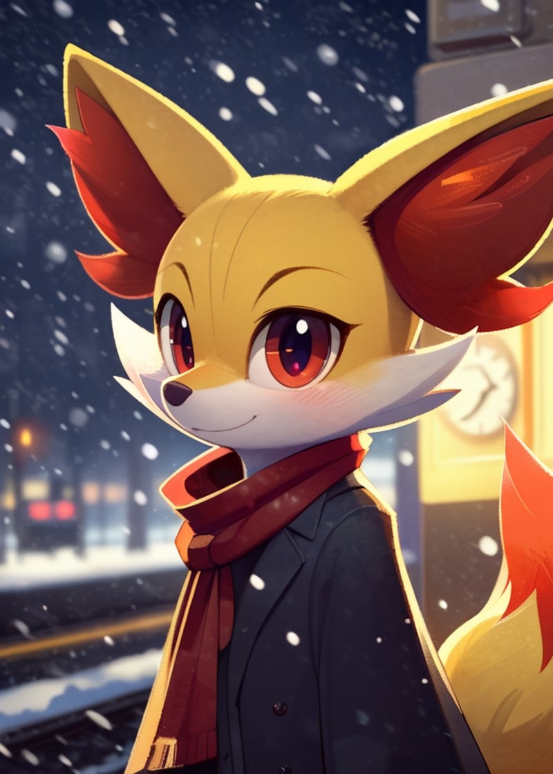 (by Wamudraws, by B-Epon, by Exed Eyes:1.25), anthro (fennekin:1.25), red scarf, detective cloak, standing, smile, waving at viewer (three-quarter portrait:1.3), three-quarter view, close-up, BREAK, london train station, night, clock, glowing, plant, snowing, detailed detailed background, depth of field, ambient silhouette, backlighting, masterpiece, best quality, light, 4k, 2k, (high detail:1.25), shaded, photography