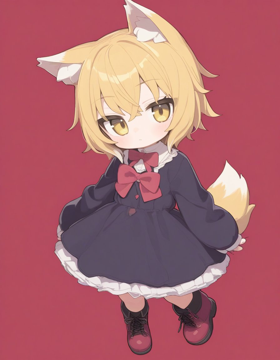 1girl, alternate costume, animal ears, blonde hair, boots, bow, bowtie, closed mouth, dress, extra ears, looking at viewer, red background, short hair, simple background, solo, tail, virtual youtuber, wolf ears, wolf girl, wolf tail, yellow eyes 