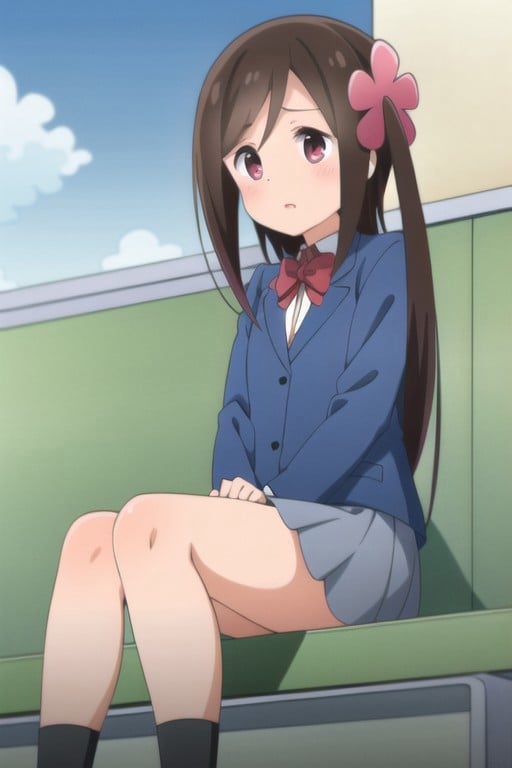 (masterpiece),hitori bocchi, brown hair, long hair, pink eyes, 1girl, school uniform, solo, hair ornament, hair flower, flower, sitting, jacket, bow, red bow, skirt, blazer