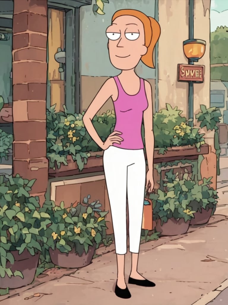 ,  looking at viewer,hand on own hip, outdoors,<lora:SummerPony1.0:1>black footwear,summer.smith, orange hair, 1girl, ponytail, solo, pink tank top, white pants, smile, hand on hip,, score_9, score_8_up, score_7_up, score_6_up