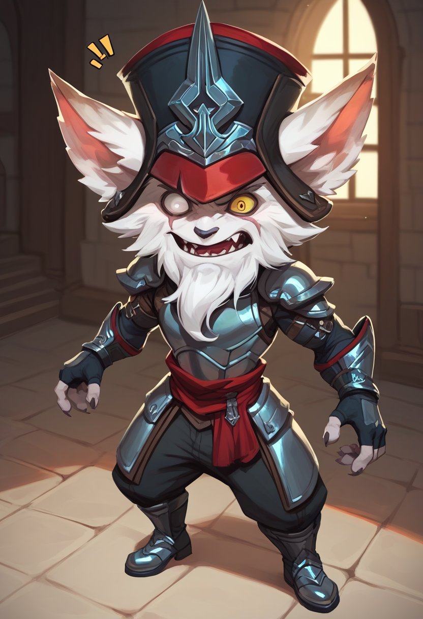 score_9, score_8_up, score_7_up, score_6_up, kl3d, 1boy, yordle, male focus, yellow eyes, white eye,scar across eye, one-eyed, facial hair, beard,  hat, black headwear, ears through headwear, armor, gloves, fingerless gloves, pants, boots , <lora:Kled_Default_v1:0.7>, castle, indoors, (surprised),sweatdrop , ?