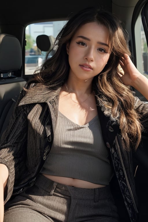 pokimane, portrait, film grain, a woman  (jacket:1.2), pants, sharp lighting, shadows, (thighs), backseat of a car,  updo, light shining through hair, <lora:pokimane_cyb2_sd1.5_ZnLn:0.50>