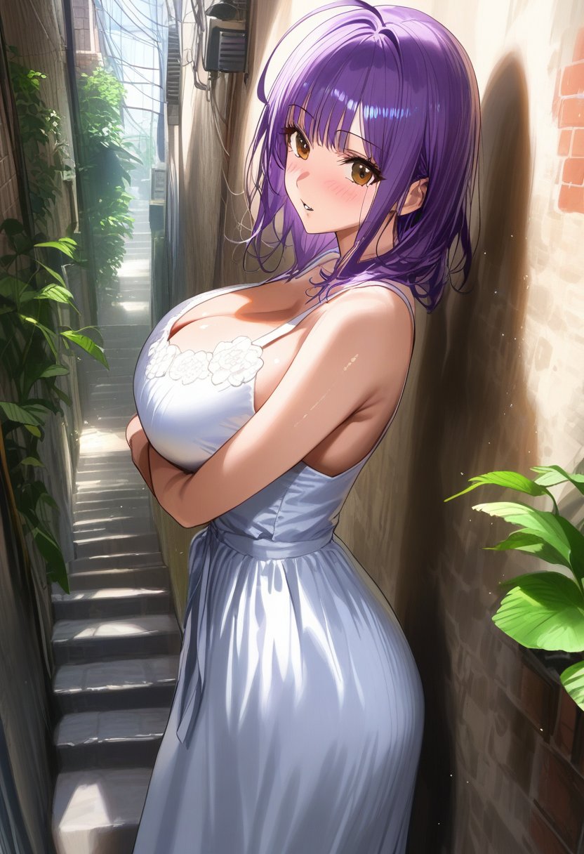 score_9, score_8_up, score_7_up, score_6_up, source_anime,<lora:GEN 0.2v:1>, GEN,1girl, solo, long hair, mature female, dress, floral print, white dress, ahoge, sleeveless dress, looking at viewer, sleeveless, cleavage, parted lips, brown eyes, purple hair, sunlight, outdoors, bangs, bare shoulders, medium hair, blush, stairs, bare arms, cowboy shot, large breasts, alley, standing, sundress, from side, wide shot, zooming out, against wall, leaning back, plants, alley