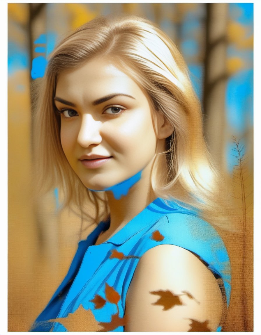 HoneyRose, portrait,close up of a Serbian Female, Alhambresque Blonde hair, autumn forest, Bokeh, Rough sketch, 60s Art, Sepia filter, dripping with DayGlo blue, poster art, <lora:HoneyRoseSDXL:1>