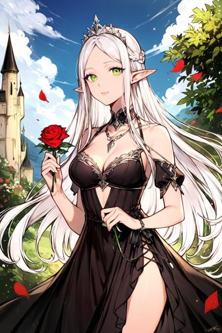 score_9, score_8_up, score_7_up, rating_safe, 1girl, solo, elf, pointy ears, breasts, long hair, very long hair, white hair, green eyes, portrait, looking at viewer, black dress, tiara, silver tiara, holding, holding flower, rose, red rose, necklace, jewelry, cowboy shot, standing, outdoors, castle <lora:Line Art Style LoRA XL:0.8>