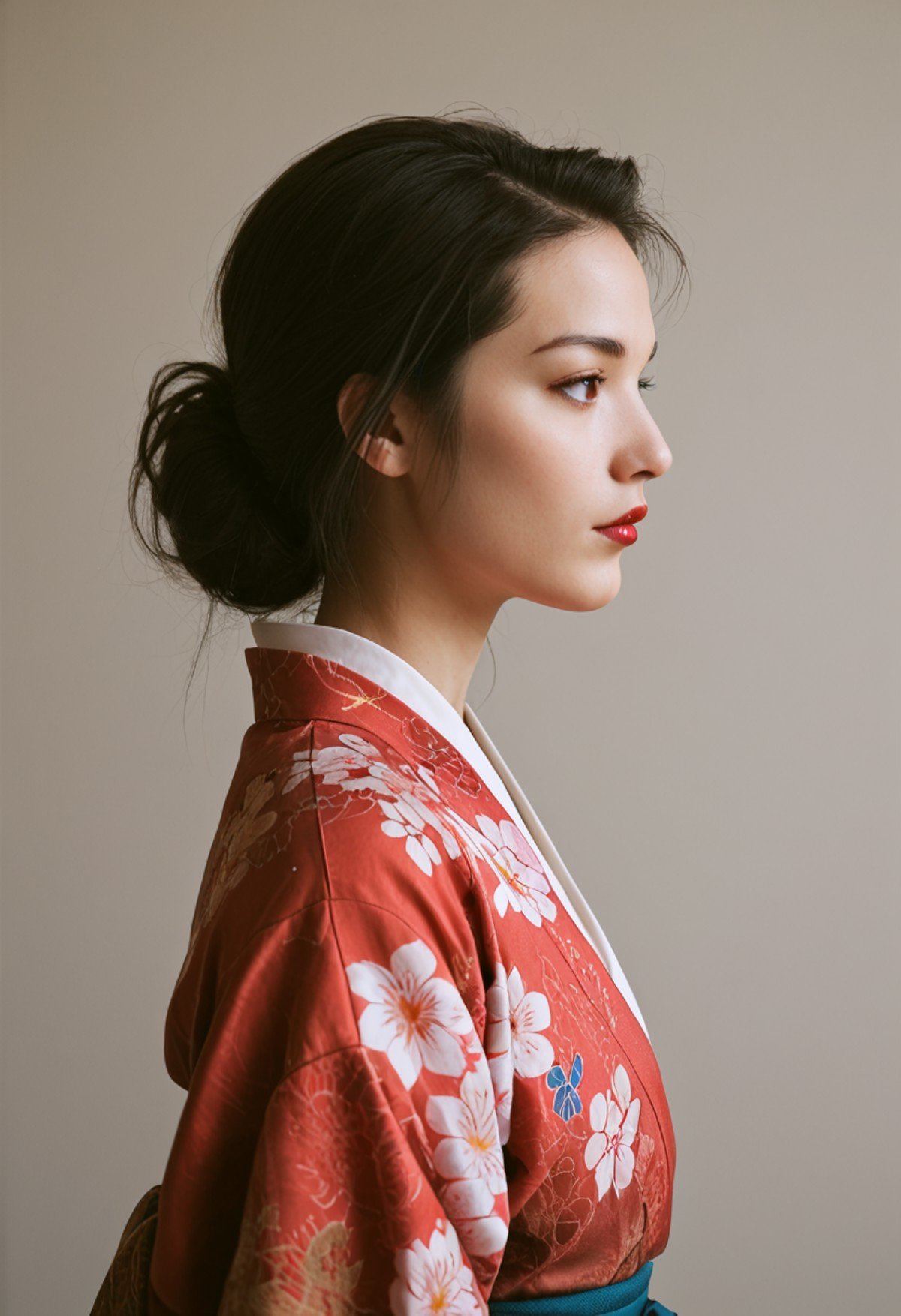 score_9, score_8_up, score_7_up, score_6_up, BREAK , source_real, raw, photo, realistic BREAK 1girl, solo, black hair, long sleeves, brown eyes, upper body, japanese clothes, kimono, from side, lips, profile, red lips