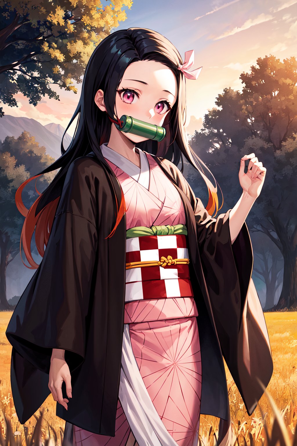 masterpiece, best quality, highres, aanezuko, long hair, multicolored hair, hair ribbon, bit gag, mouth hold, japanese clothes, pink kimono, haori, black jacket, long sleeves, checkered sash, obi, <lora:kamado_nezuko_v1:0.7>, standing, cowboy shot, outdoors, sunset, field