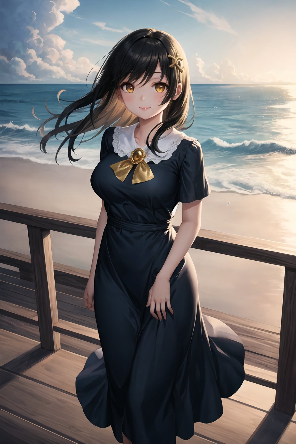 masterpiece,best quality,1girl,black hair,golden eyes,long blue dress,white bow,gold brooch,ocean in background,boardwalk,railing,smile,gentle breeze