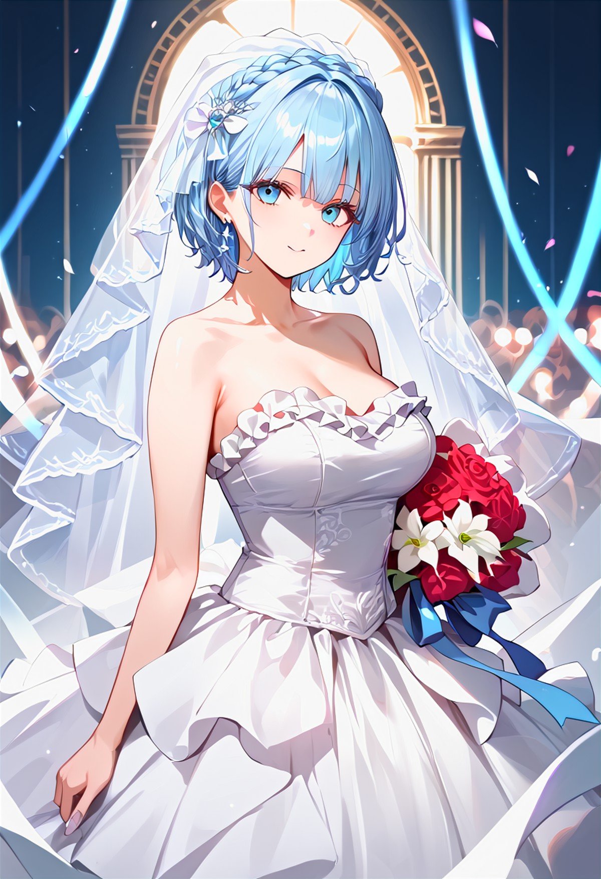 <lora:WD-XLPony_006:0.7>, 1girl, light blue, short hair, wedding dress, clothing with intricate frills and embroidery, bridal veil, luxurious clothing, arena, detailed background, incredibly absurdres, colorful, HD, hyper detailed, ultra detailed, score_9, score_8_up, score_7_up, source_anime, perfect anatomy, masterpiece, best quality, very aesthetic