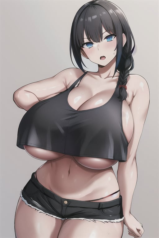 masterpiece, best quality,1girl, solo, huge breasts,black hair, blue eyes, underboob, open mouth, single braid, long hair, black shorts, navel, tank top, short shorts, cleavage, collarbone, artist name, looking at viewer, bare shoulders, midriff, no bra, thighs, cowboy shot <lora:megao3rd:0.7> 