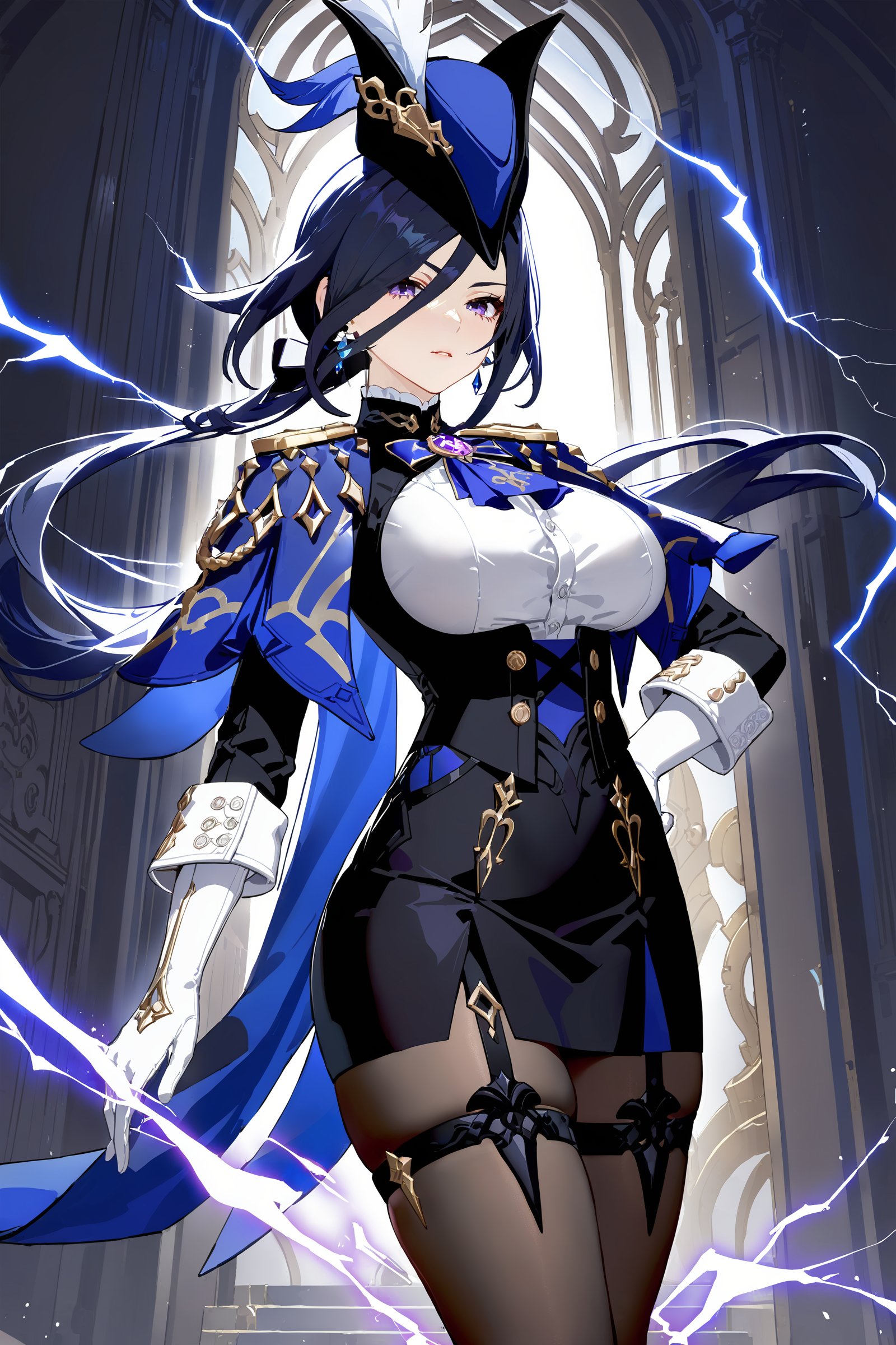 masterpiece, best quality, perfect features, intricate details, ray tracing, newest,(hitenkei, askzy:0.4), 1girl, clorinde \(genshin impact\), tricorne, black pantyhose, earrings, blue cape, white gloves, pencil skirt, white shirt, thigh strap, underbust, ascot, fold-over boots, black jacket, full body, lightning, electricity, aura, looking at viewer, floating hair, glaring, hand on hilt, sword <lora:quality1:0:hr=1>,  <lora:Char-Genshin-Clorinde-XL-V1:0.9>