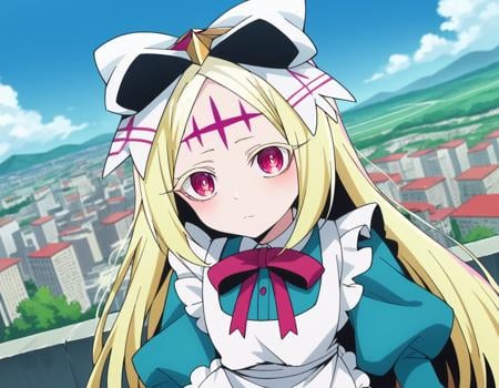 score_9, score_8_up, score_7_up, source_anime,morinokorisu, <lora:morino-korisu-ponyxl-lora-nochekaiser:1>nero alice, long hair, blonde hair, red eyes, bow, hair bow, pink eyes, facial mark, forehead mark,long sleeves, dress, ribbon, apron, white apron, puffy sleeves,outdoors, cityscape,looking at viewer, dutch angle, cowboy shot