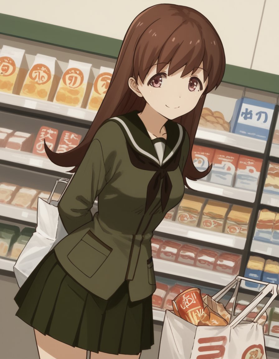 score_9, score_8_up, score_7_up, source_anime, <lora:kacolle-ooi-s1-ponyxl-lora-nochekaiser:1>, ooi, long hair, brown hair, brown eyes, ooi (kancolle), skirt, school uniform, pleated skirt, serafuku,, grocery store, cashier, shopping bag, scanning items, small talk, everyday routine, , , hands behind back, bent over, smile, solo,, cowboy shot, dutch angle