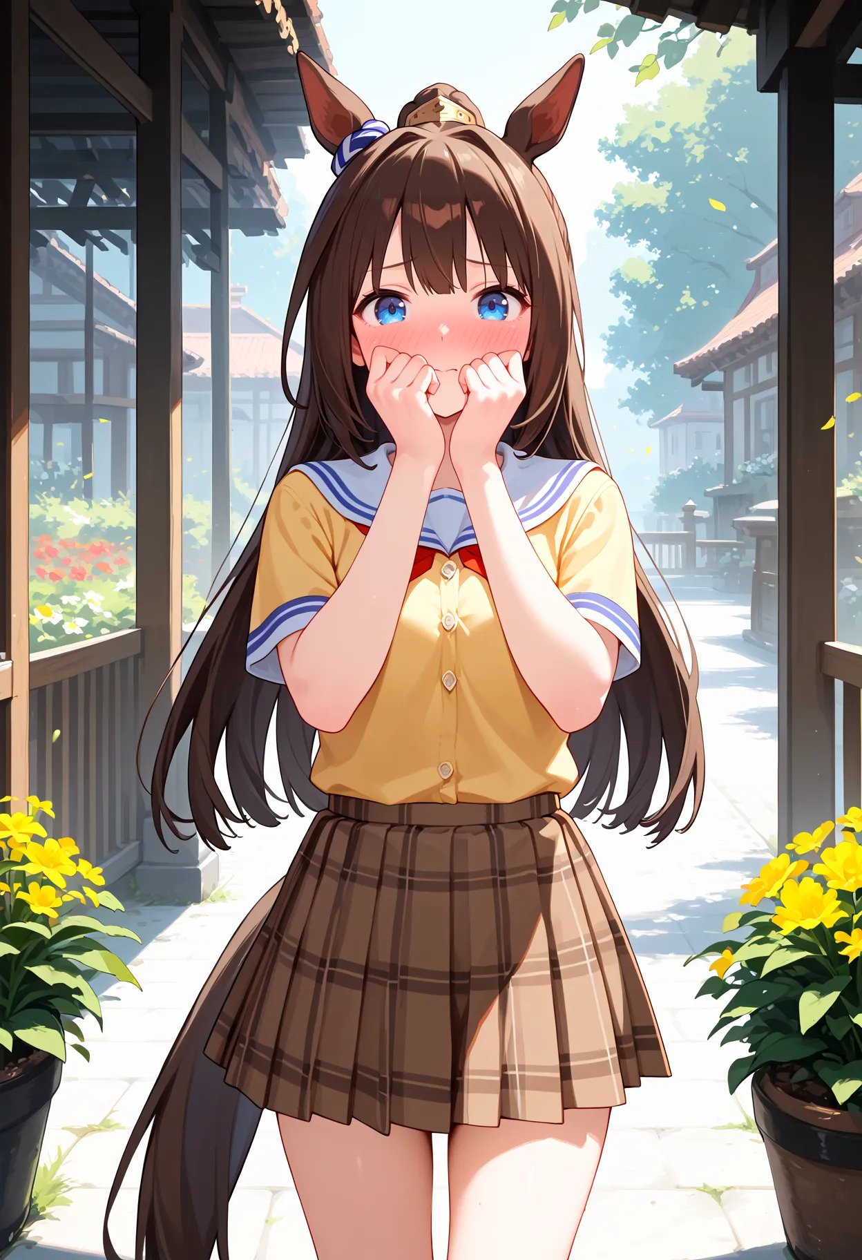 score_9, score_8_up, score_7_up, BREAK, best quality, masterpiece, very aesthetic, ultra detailed,very detailed background,BREAK,,zPDXL3,ECP, 1girl, solo, long hair, bangs, blue eyes,brown hair, ponytail, horse ears,  horse tail,yellow polo shirt,tuck out,brown skirt,plaid skirt,<lyco:ElCondorPasa-ponyXL:1>,full-face blush,embarrassed,very embarrassed,Cover face with hands