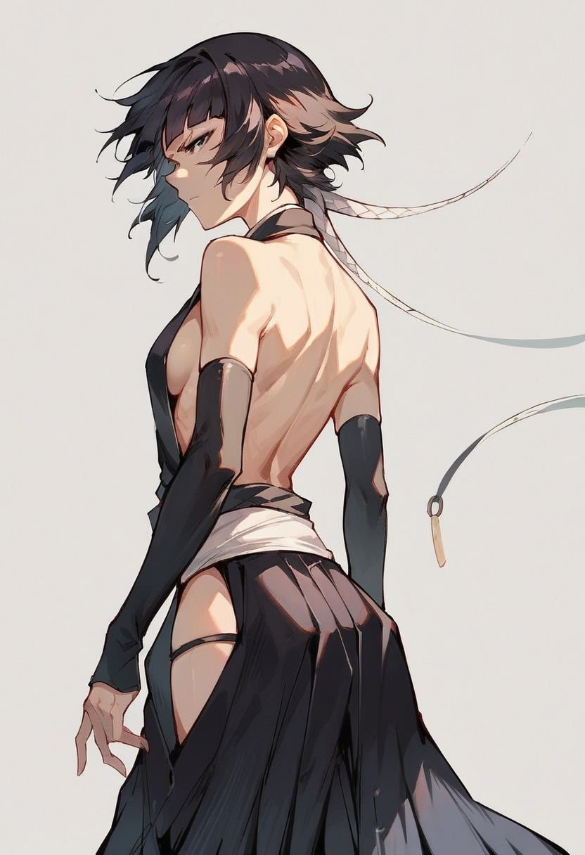 score_9, score_8_up, score_7_up, 1girl, 1girl, solo, soifon, bangs, black eyes, black hair, japanese clothes, sideboob, black hakama, hip vent, detached sleeves, bare shoulders, back view,