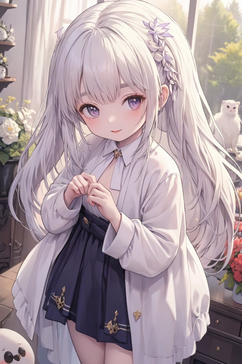 1girl,solo,10yo,(flat chest),(short stature:1.4),very small girl,very long hair,blonde hair,pink hair,hair intakes,twintail,purple eyes,(sidelocks:1.4),best quality,ultra-detailed,illustration,smile,