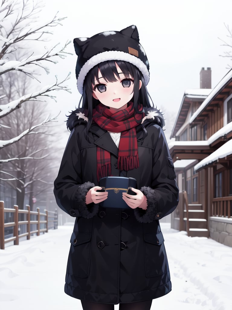 <lora:Tsutsumi_Kinuka:0.8>, TsutsumiKinuka, 1girl, solo, long hair, long hair, bangs, black hair, black eyes, town, outdoor, snow,fur hat, scarf, coat, shoes, happy, standing, looking at viewer, cowboy Shot,masterpiece, high quality, very_high_resolution, large_filesize, full color,