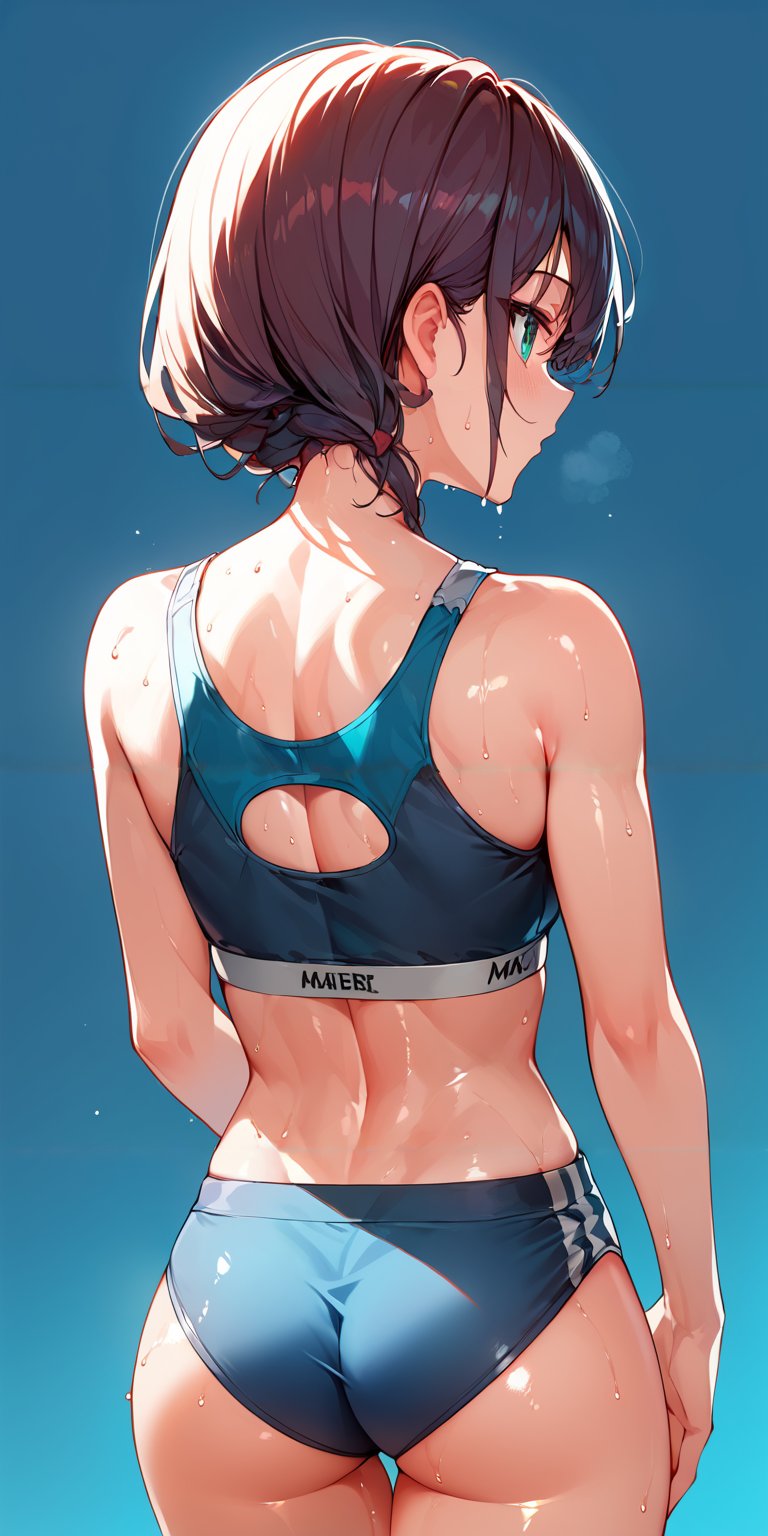 score_9, score_8_up, score_7_up,source_anime, high res image,masterpiece,best quality,girl,cute face,clear skin,shiny hair,ultra detailed eyes,simple background, <lora:sweat_pony_V1.0:1> sweat,sports bra,from behind