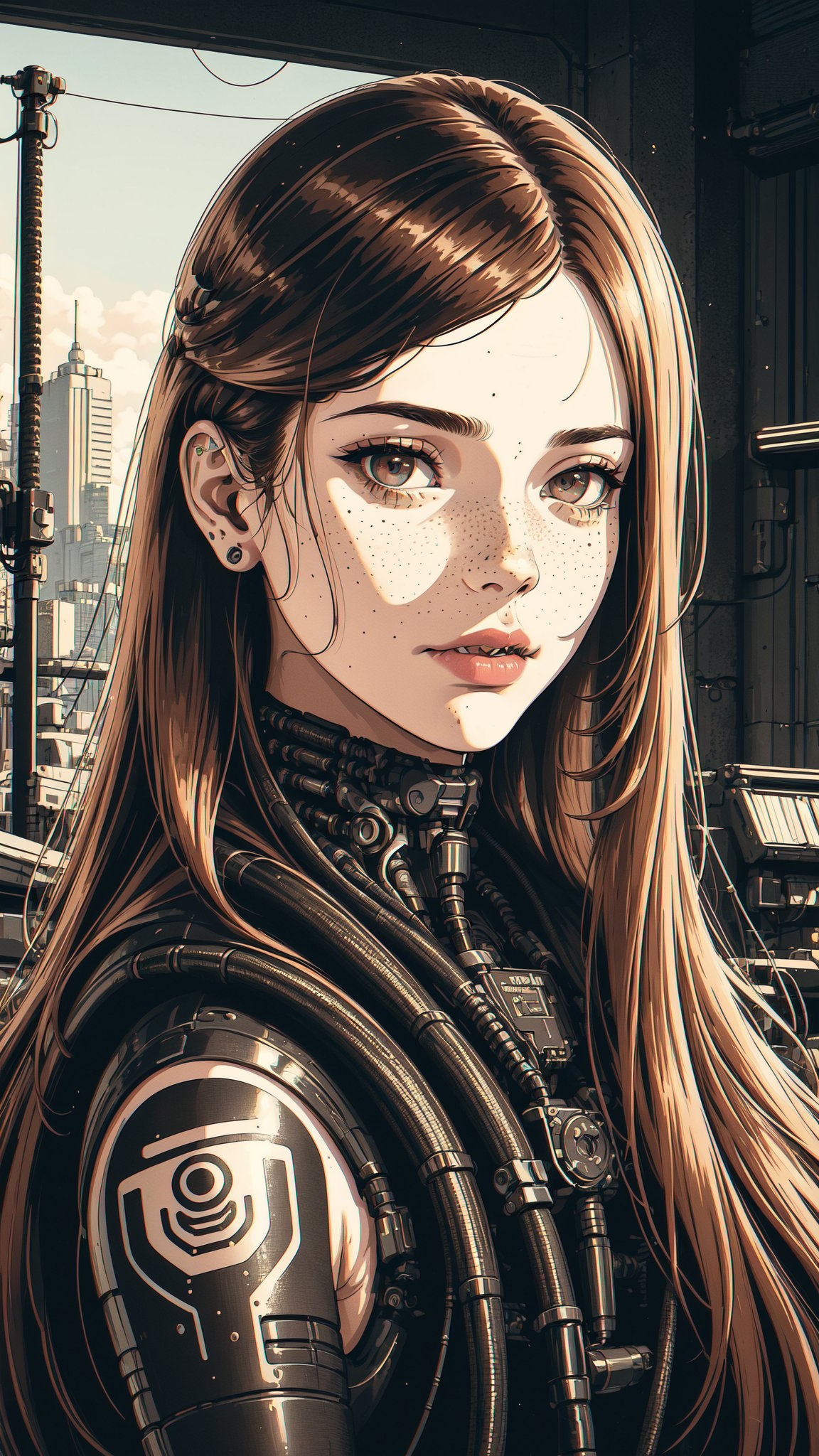 best quality, masterpiece, (detailed:1.2),1girl, solo, realistic, long hair, brown hair, looking at viewer, freckles, lips, outdoors, day, portrait, nose, closed mouth, upper body","wallpaper, 1boy, solo, male focus, tattoo, monochrome, cyberpunk, (chromatic aberration), detailed background, mechanical parts, cable, indoors