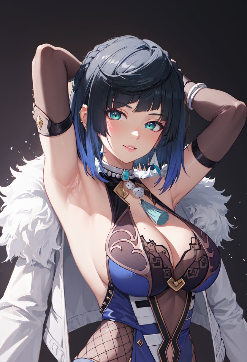 best quality, masterpiece, highres, solo, (yelan_genshin:1.10), 1girl, armpits, cleavage, dice, elbow gloves, fur trim, jacket, jewelry, looking at viewer, sleeveless, smile, upper body, bare shoulders, blunt bangs, parted lips, black gloves, 0 <lora:yelan_genshin:0.80>