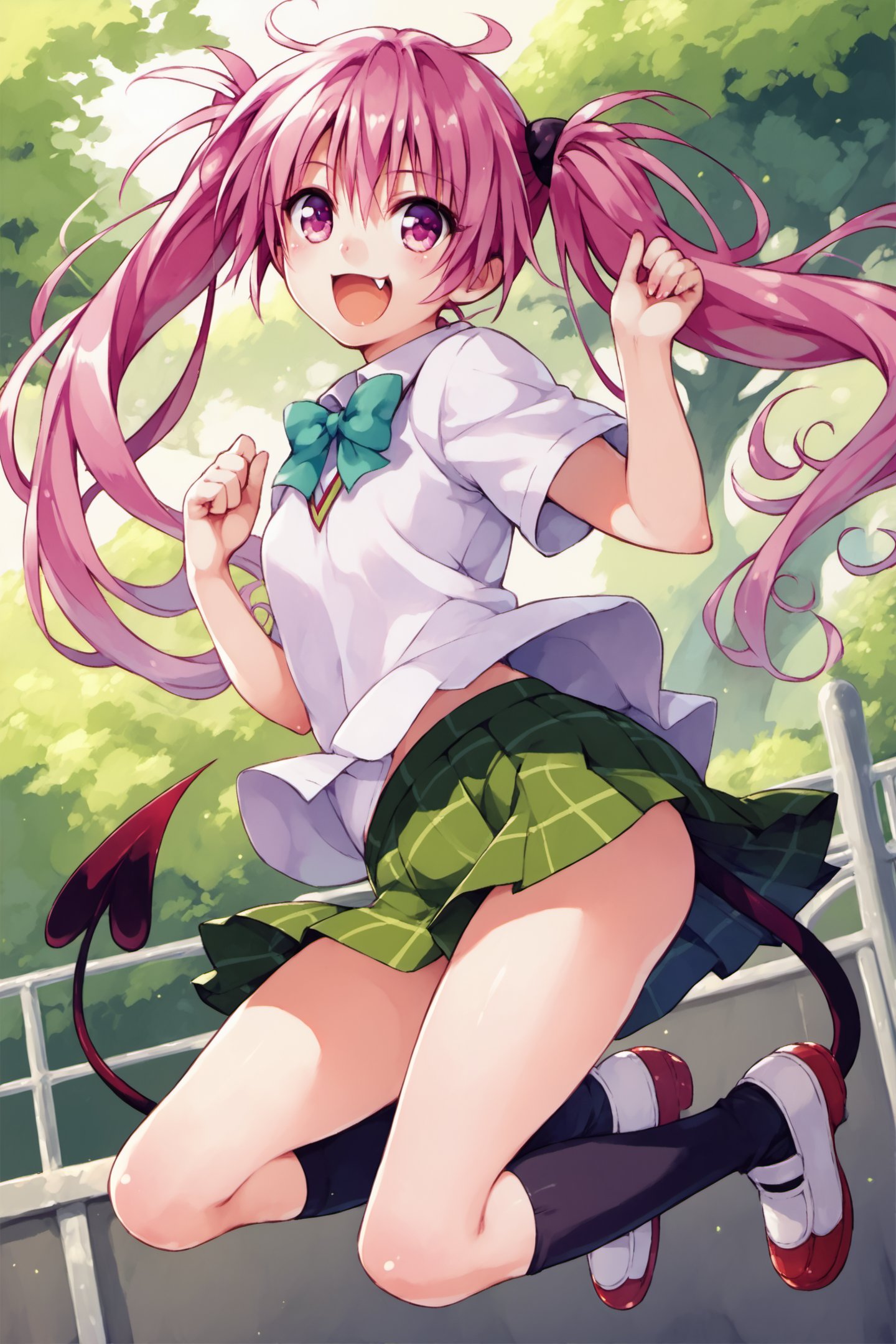 1girl,nana asta deviluke,pink hair,tail,solo,twintails,school uniform,smile,skirt,open mouth,fang,demon tail,socks,shoes,pink eyes,shirt,:d,long hair,purple eyes,plaid skirt,score_8_up,score_9,<lora:Yabuki Kentarou_XL_PONY:0.8>,