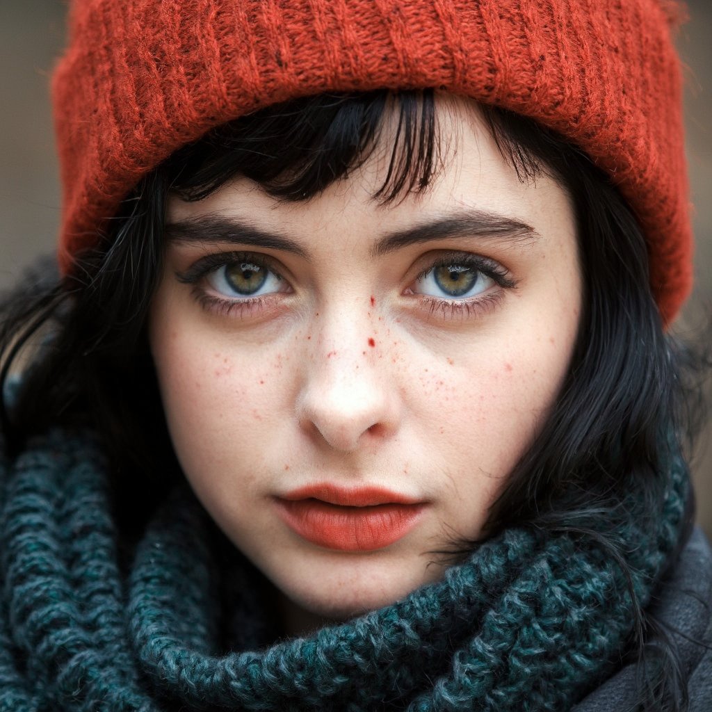 A close-up portrait of krysten_ritter with striking blue eyes and freckles. She wears a vibrant red beanie and a dark green scarf wrapped around her neck. Her skin is pale, and her lips are painted a soft pink. The background is blurred, emphasizing the subject. The image style is candid and natural, capturing a moment of quiet reflection.