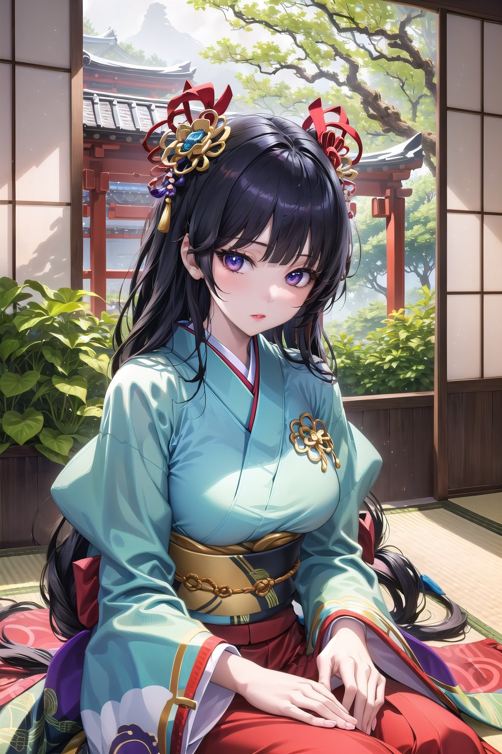 (Masterpiece), (highres), 8k, hyperdetailed portrait, deep depth of field, motion blur, 0kazu, official alterate hairstyle, unique character concept, hyperrealistc, stunning artwork, finely crafted, human furniture, extremely detailed background. ancient Japan, Heian, hypnotizing purple eyes, mature female,(Karaginu Mo), very long hair, straight hair, perfect female figure, black hair, garden, hime cut, blunt bangs,hair ornament, long sleeves, wide sleeves, sleeves past wrists, upper body, (looking at viewer), head shaft, lipstick, close-up, gorgeous, bloom, shadow, dynamic line of action, nature, overgrown,dynamic posture, fantasy, traditional, tatami, sitting, serene, Japanese architecture, (indoors), scenery,1 girl, atmospheric, perspective<lora:EMS-91280-EMS:0.200000>, <lora:EMS-980-EMS:0.200000>, <lora:EMS-369910-EMS:0.800000>