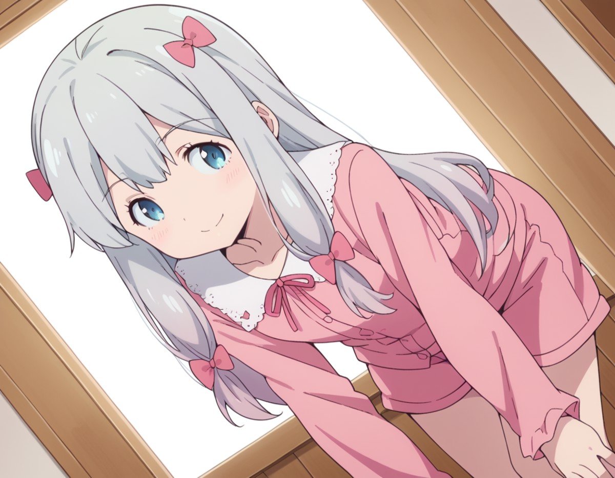 score_9, score_8_up, score_7_up, source_anime,sagiriizumi, <lora:sagiri-izumi-s1-ponyxl-lora-nochekaiser:1>,sagiri izumi, long hair, blue eyes, bow, hair bow, grey hair, pink bow,ribbon, shorts, pink shirt, pajamas, pink shorts,indoors, bent over, smile,solo, looking at viewer, cowboy shot, dutch angle,