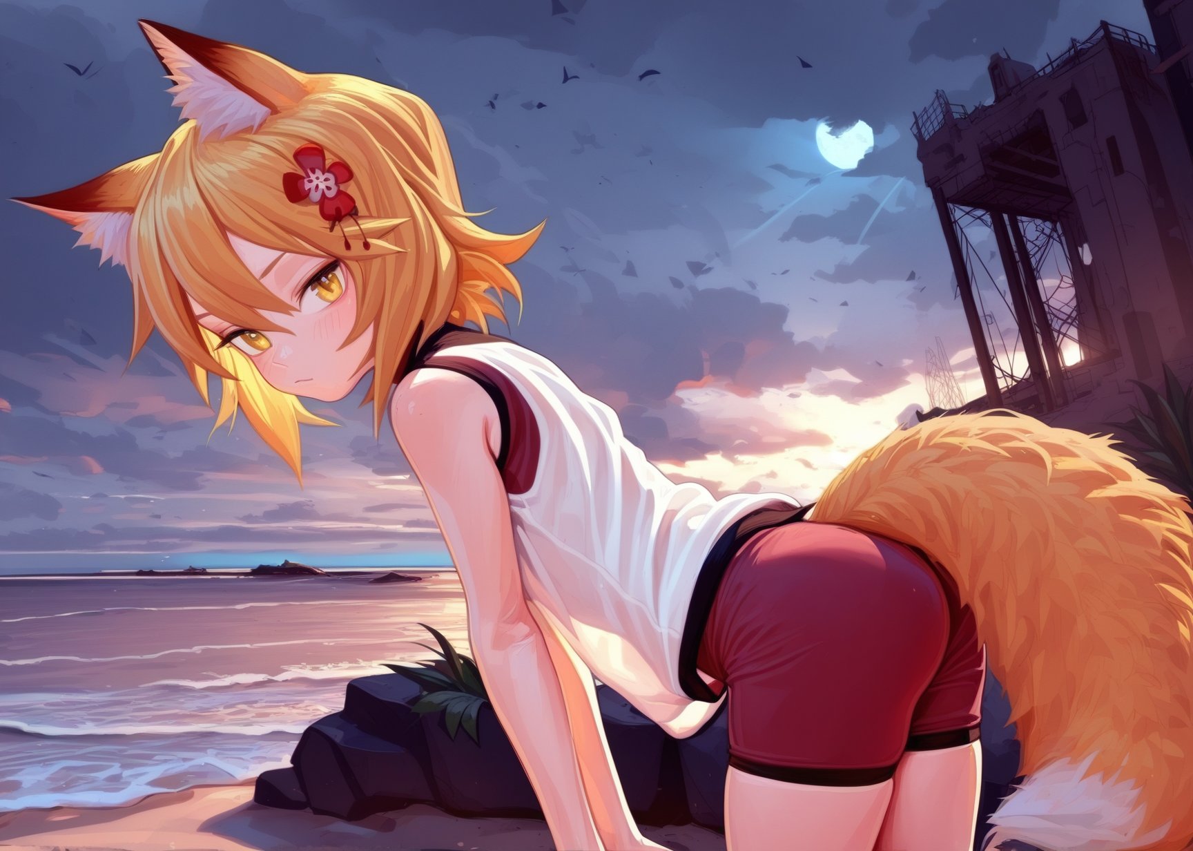 by fkey, by kantoku, masterpiece, best quality,senko \(sewayaki kitsune no senko-san\), sewayaki kitsune no senko-san,  blonde hair, animal ears, fox ears, animal ear fluff, hair ornament, fox girl, hair flower, hair between eyes, short hair, fox tail, tail, young girl, yellow eyesfrom side, looking at viewer, leaning forward, [see-through::0.2]sea, ocean, beach, cloudy, sunrays, dusk, moon, cloud, sky, outdoors, cloudy sky, leaf, ruins, sunbeam, post-apocalypse, sportswear, castle at background