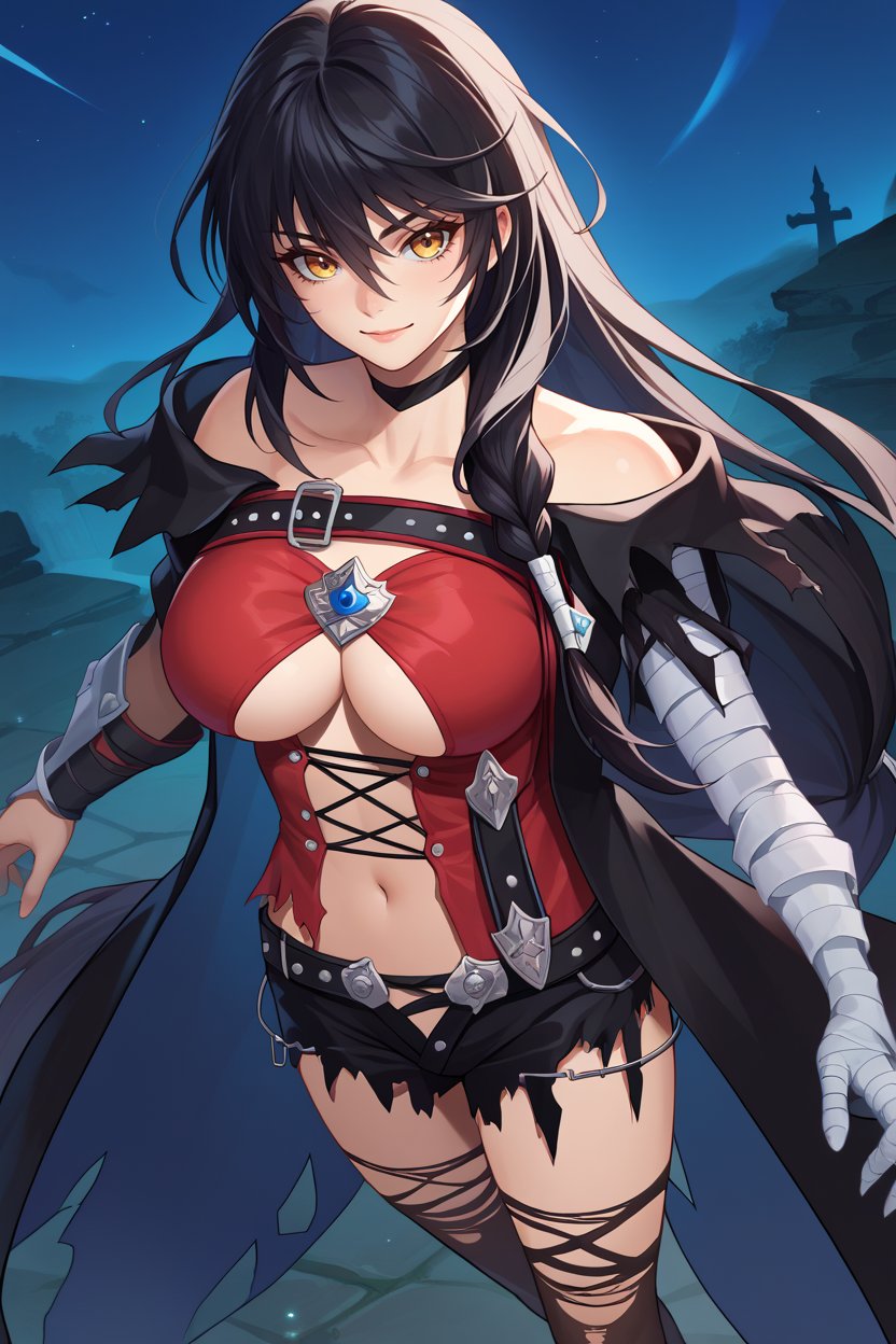 score_9, score_8_up, score_7_up, score_6_up, source_anime BREAK 1girl, solo  <lora:velvetcrowe-pdxl-nvwls-v1-000005:1> velvetcrowe, black hair, low-tied long hair, braid, black choker, black cloak, cross-laced shirt, underboob, harness, navel, torn clothes, black shorts, torn shorts, single gauntlet, bandaged arm, black thighhighs, large breasts, looking at you, from above, light smile, night sky, upper body, portrait