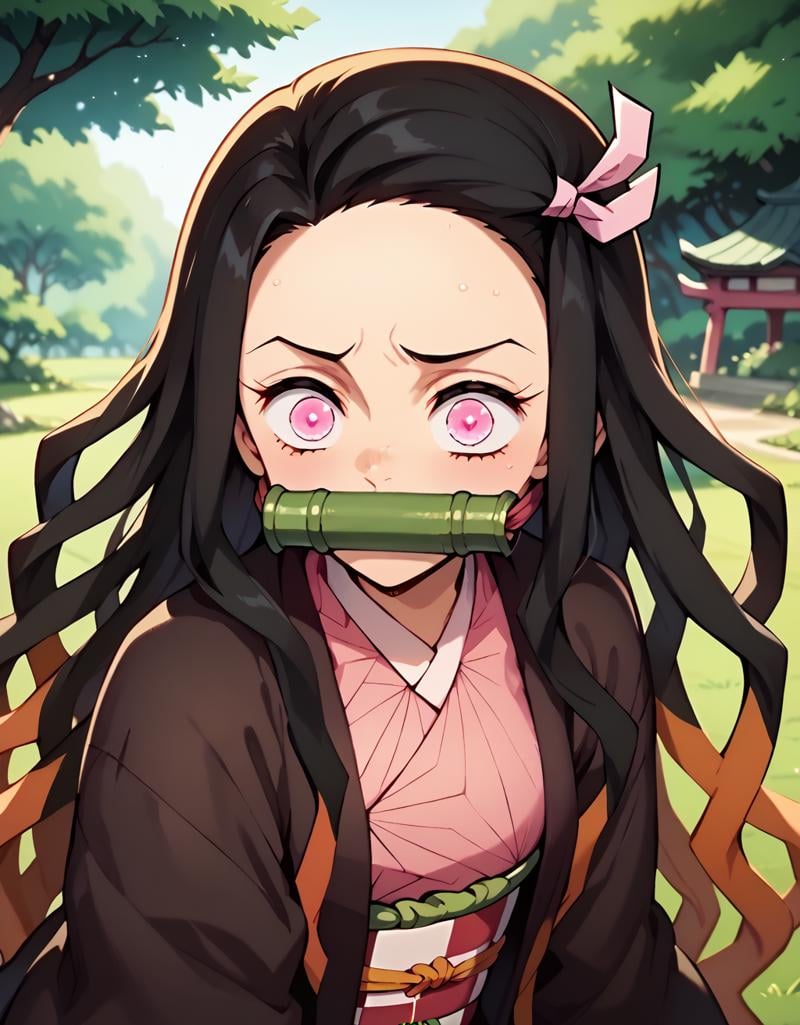 <lora:NezukoKamadopony-10:1>NezukoNor, kamado nezuko, black hair, very long hair, pink eyes, 1girl, haori,  black haori,  pink kimono, hair ribbon,  pink ribbon, checkered sash,  obi,  bamboo, bit gag, Posing as if whispering a secret, outdoors,, score_9, score_8_up, score_7_up, score_6_up, score_5_up, score_4_up,